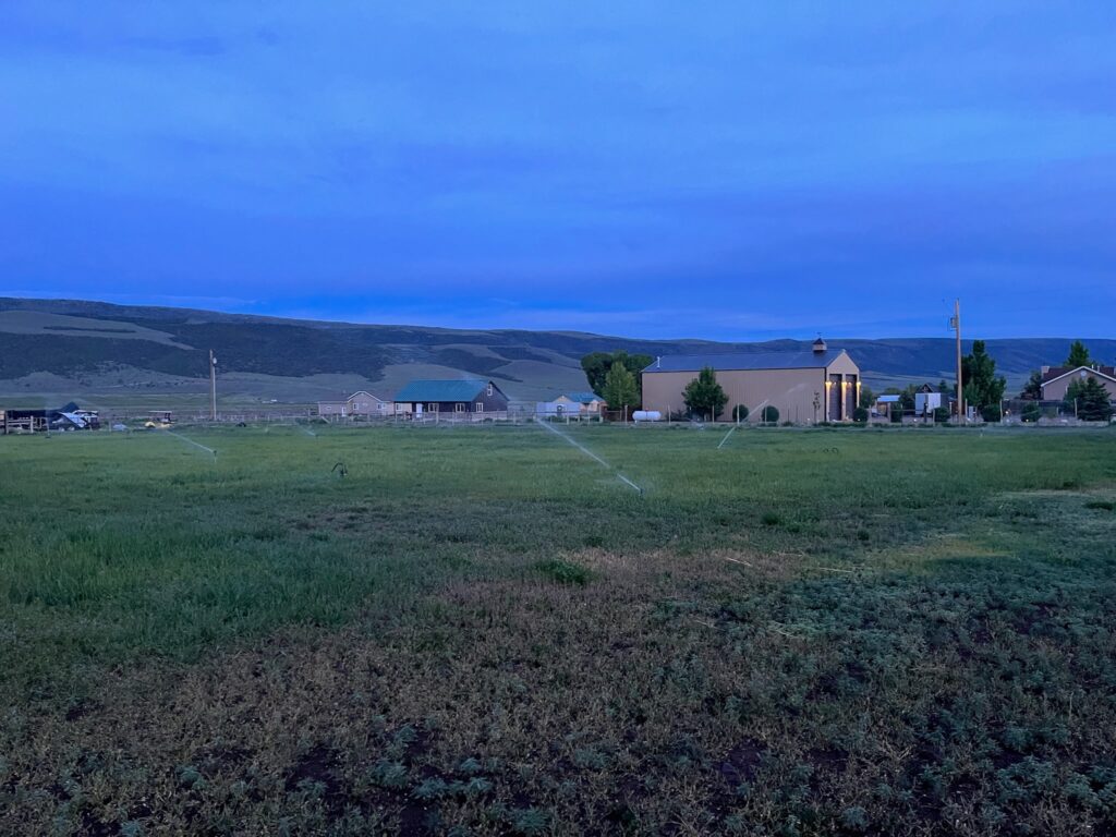 The green field behind the farmhouse, a set of sprinklers going off as the sun sets